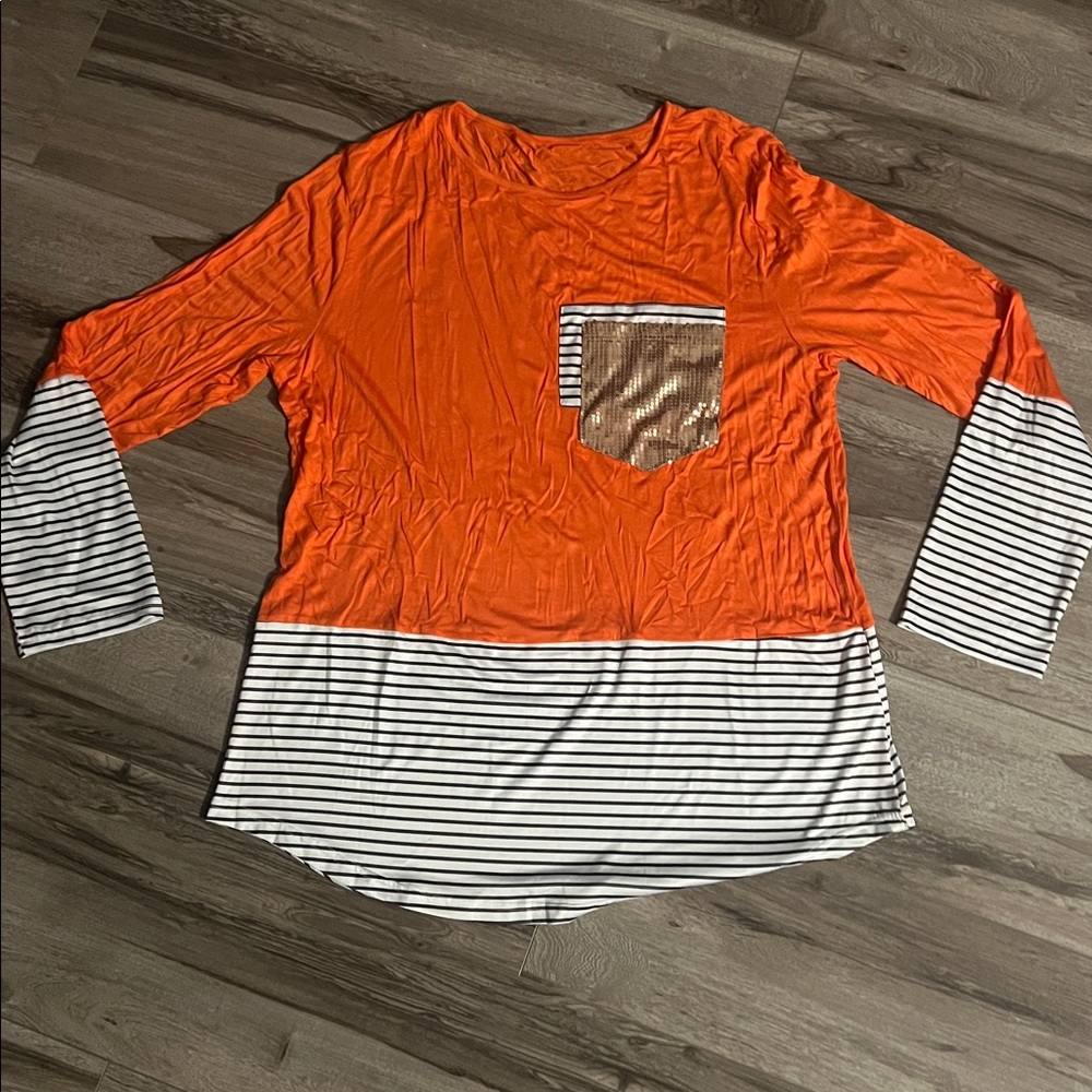 Orange and Striped Long Sleeve Top with Pocket